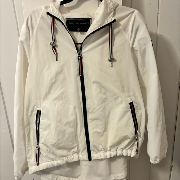 Tommy Hilfiger Jackets & Blazers - Tommy Hilfiger White Hooded Vintage Shell rain Jacket with Signature Trim